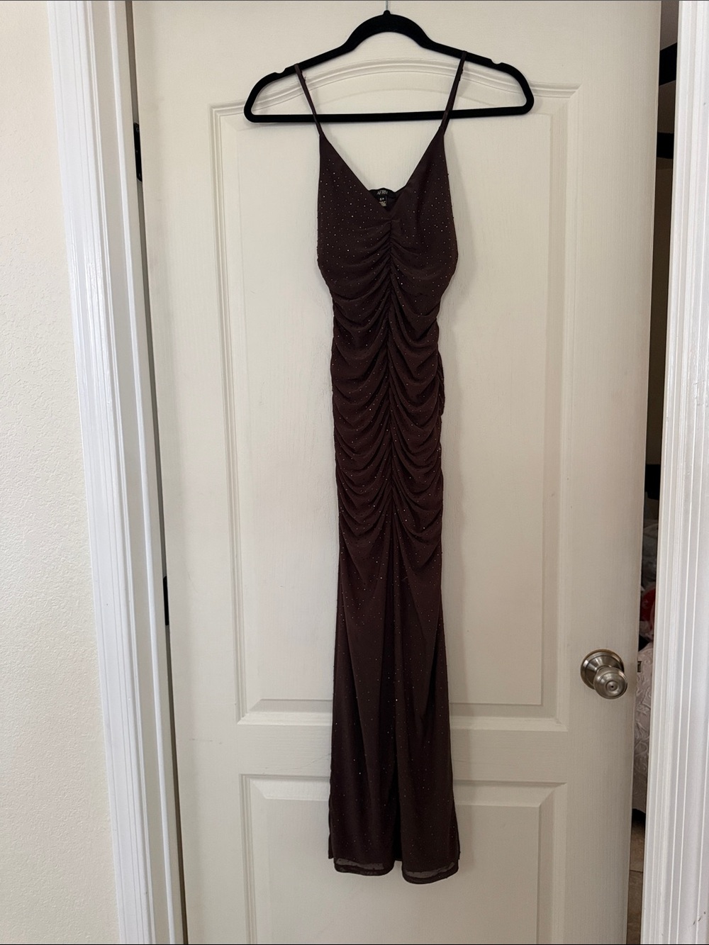 AFRM Lupita Rhinestone Embellished Ruched Body-Con Dress in java brown
